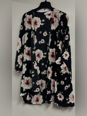 Boutique Womens Black Floral Open Kimono Cardigan with Blush Flowers New Size 2X